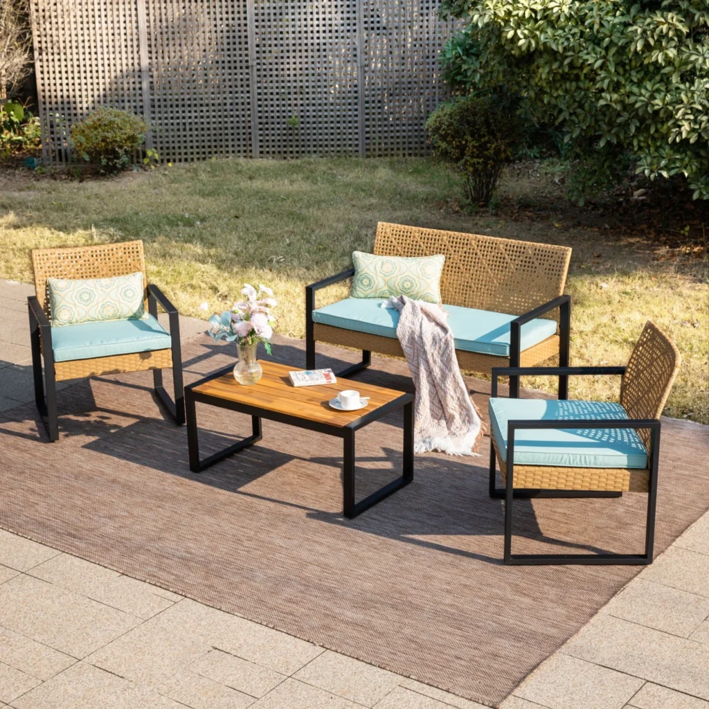 MF Studio 4 Piece All Weather Rattan Patio Furniture Set Outdoor Conversation Set with Wood Table Yellow and Red — close-up detail of design and finish