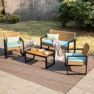 MF Studio 4 Piece All Weather Rattan Patio Furniture Set Outdoor Conversation Set with Wood Table Yellow and Red