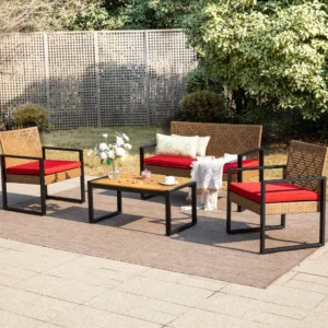MF Studio 4 Piece All Weather Rattan Patio Furniture Set Outdoor Conversation Set with Wood Table Yellow and Red