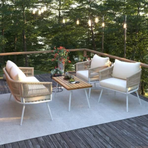 MF Studio 4 Piece All Weather Rattan Patio Furniture Set Outdoor Conversation Set with Wood Table Yellow and Red