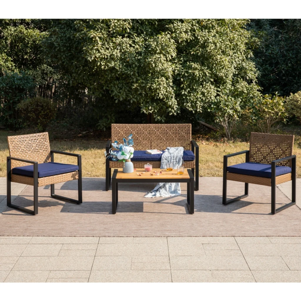 MF Studio 4 Piece All Weather Rattan Patio Furniture Set Outdoor Conversation Set with Wood Table Yellow and Red