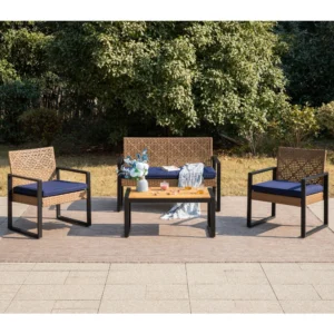MF Studio 4 Piece All Weather Rattan Patio Furniture Set Outdoor Conversation Set with Wood Table Yellow and Red