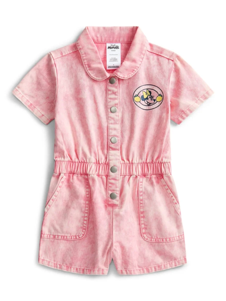Minnie Mouse Toddler Girl s Short Sleeve Twill Romper with Front Back Graphics Sizes 12M 5T