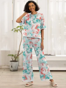 MINTREUS Women s Cotton 2 Piece Loungewear Short Sleeve Round Neck Pullover Top Wide Leg Pants Women s PJ Casual Set