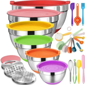 Mixing Bowls Airtight Lids 26Pcs Stainless Steel Set 3 Grater Attachments Black Non Slip Bottoms Size 7 4 2 5 2 0 1 5 1QT Great Serving