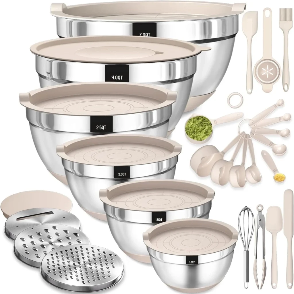 Mixing Bowls Airtight Lids 26Pcs Stainless Steel Set 3 Grater Attachments Black Non Slip Bottoms Size 7 4 2 5 2 0 1 5 1QT Great Serving