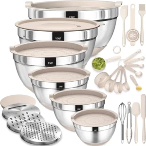 Mixing Bowls Airtight Lids 26Pcs Stainless Steel Set 3 Grater Attachments Black Non Slip Bottoms Size 7 4 2 5 2 0 1 5 1QT Great Serving
