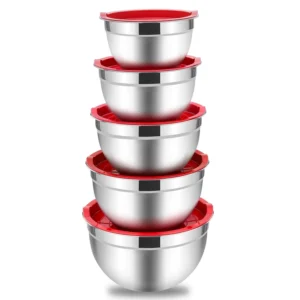 Mixing Bowls Lids Set 5 Vesteel Stainless Steel Mixing Bowls Metal Nesting Salad Bowls Size 4 5 3 1 5 1 0 7 QT Great Cooking Baking Serving Red