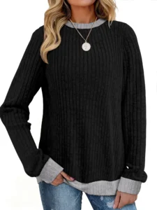 MOSHU Color Block Sweaters for Women Crewneck Long Sleeves Fashion Tops Pullover Fall Lightweight Women Sweaters