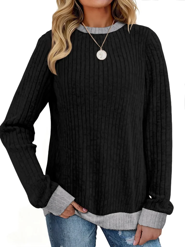 MOSHU Color Block Sweaters for Women Crewneck Long Sleeves Fashion Tops Pullover Fall Lightweight Women Sweaters