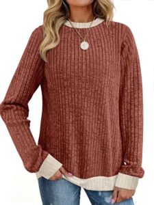MOSHU Color Block Sweaters for Women Crewneck Long Sleeves Fashion Tops Pullover Fall Lightweight Women Sweaters