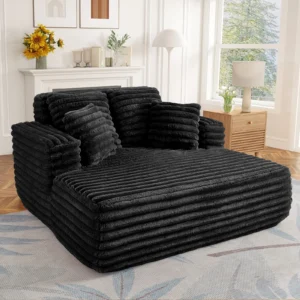 Muumblus Oversized Chaise Lounge Chair Indoor Furniture, No Assembly Required, Plush Corduroy Upholstered Sofa Bed Cozy Sleeper Couch for Living Room, Bedroom, Black