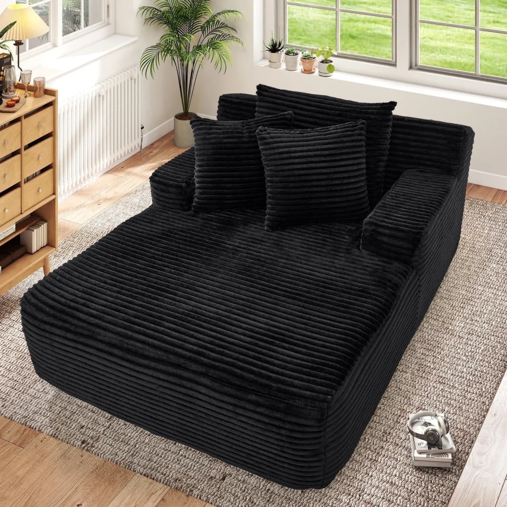 Muumblus Oversized Chaise Lounge Chair No Assembly Required Cozy Corduroy Sofa Bed for Living Room Black