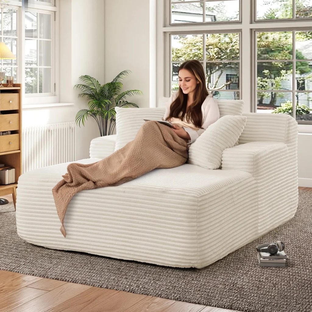 Muumblus Oversized Chaise Lounge Chair No Assembly Required Cozy Corduroy Sofa Bed for Living Room Beige
