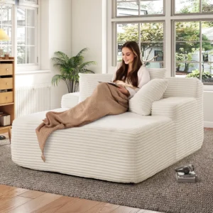 Muumblus Oversized Chaise Lounge Chair No Assembly Required Cozy Corduroy Sofa Bed for Living Room Beige