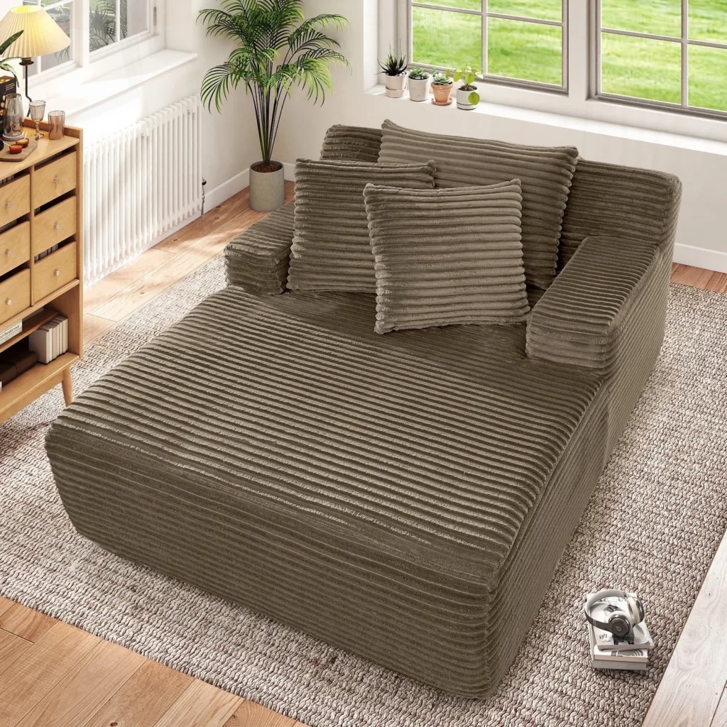 Muumblus Oversized Chaise Lounge Chair No Assembly Required Cozy Corduroy Sofa Bed for Living Room Beige — close-up detail of design and finish