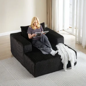 Muumblus Oversized Chaise Lounge Chair No Assembly Required Cozy Corduroy Sofa Bed for Living Room Black