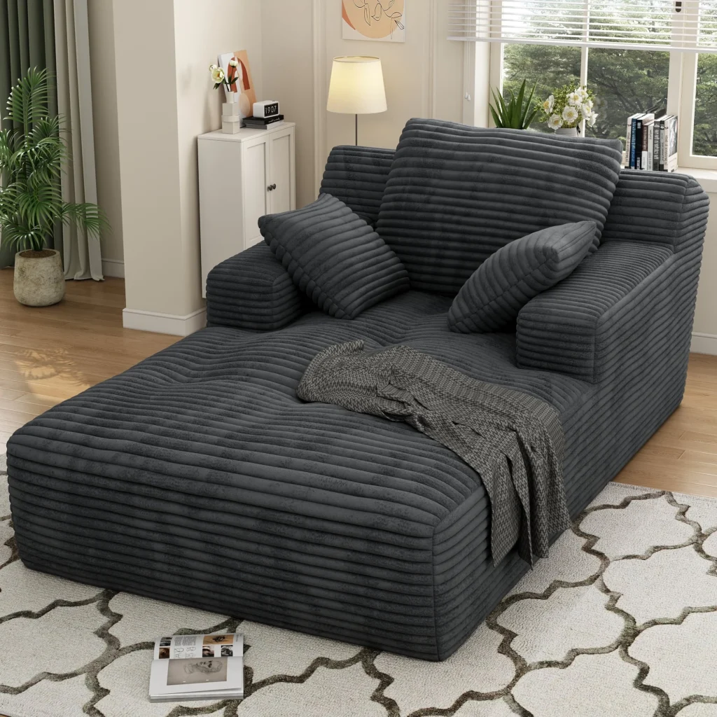 Muumblus Oversized Chaise Lounge Chair No Assembly Required Cozy Corduroy Sofa Bed for Living Room Beige — alternate angle showing full product