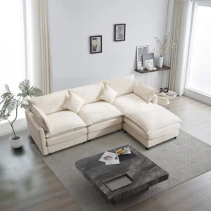 Muumblus Sectional Sofa Cloud Couch with Reversible Ottoman L Shaped Chenille Sofa for Living Rooms Beige