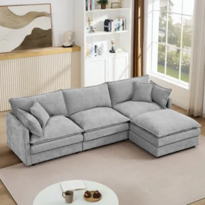 Muumblus Sectional Sofa Cloud Couch with Reversible Ottoman L Shaped Chenille Sofa for Living Rooms Beige