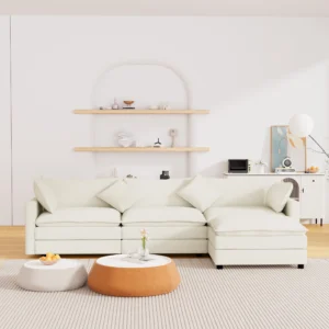 Muumblus Sectional Sofa Cloud Couch with Reversible Ottoman L Shaped Chenille Sofa for Living Rooms Beige