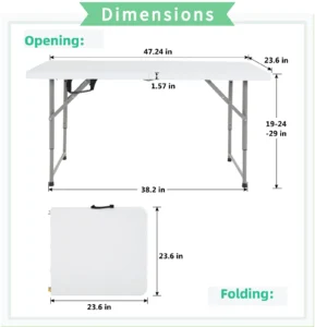 NiamVelo 4 ft Folding Table Plastic Portable Tables w Handle Adjustable Height Camping Table for Home Office Party Picnic White