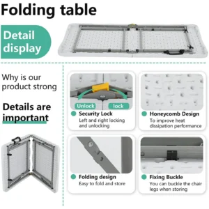 NiamVelo 4 ft Folding Table Plastic Portable Tables w Handle Adjustable Height Camping Table for Home Office Party Picnic White