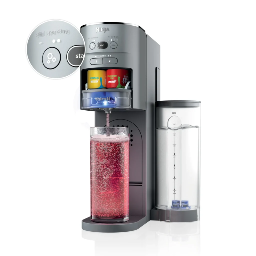 Ninja Thirsti Drink System Complete Still and Sparkling Customization Drink Kit with CO2 Canister Flavors and 48oz Reservoir WC1000 Gray