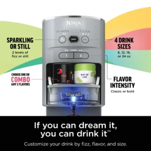 Ninja Thirsti Drink System Complete Still and Sparkling Customization Drink Kit with CO2 Canister Flavors and 48oz Reservoir WC1000 Gray
