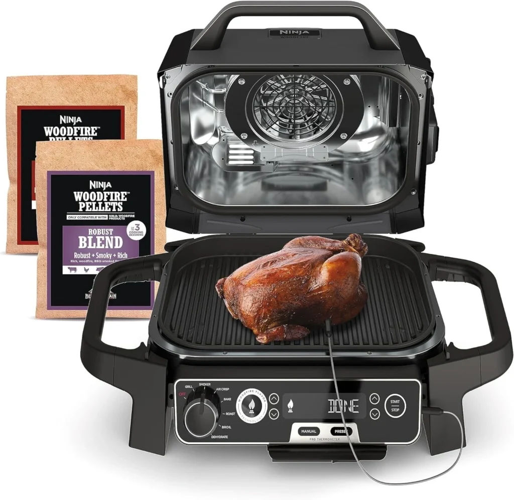 Ninja Woodfire Pro Outdoor Grill Built-In Thermometer,7-in-1 Master Grill,BBQ Smoker,& Outdoor Air Fryer Plus Bake,Roast,Dehydrate & Broil,Woodfire Technology,Weather-Resistant,Grey XL OG751