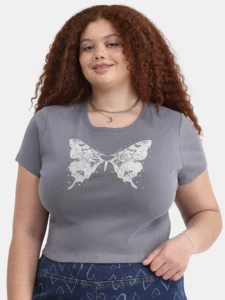 No Boundaries Ribbed Graphic Baby Tee Women s