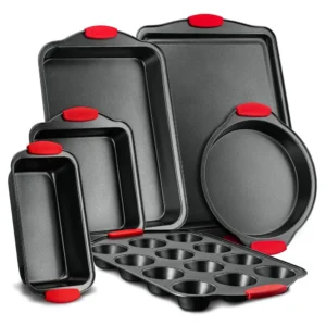 Nonstick Bakeware Set 15 PC Baking Pan Tray With Silicone Handles Utensils Oven Safe Carbon Steel Cookie Sheets Dish Pans Black