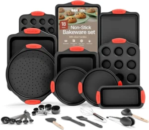 Nonstick Bakeware Set 15 PC Baking Pan Tray With Silicone Handles Utensils Oven Safe Carbon Steel Cookie Sheets Dish Pans Black