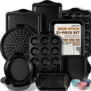 Nonstick Bakeware Set 15 PC Baking Pan Tray With Silicone Handles Utensils Oven Safe Carbon Steel Cookie Sheets Dish Pans Black