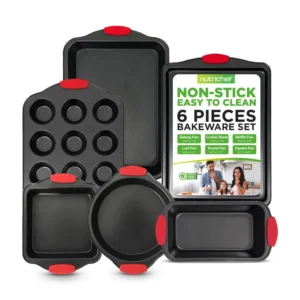 Nonstick Bakeware Set 15 PC Baking Pan Tray With Silicone Handles Utensils Oven Safe Carbon Steel Cookie Sheets Dish Pans Black