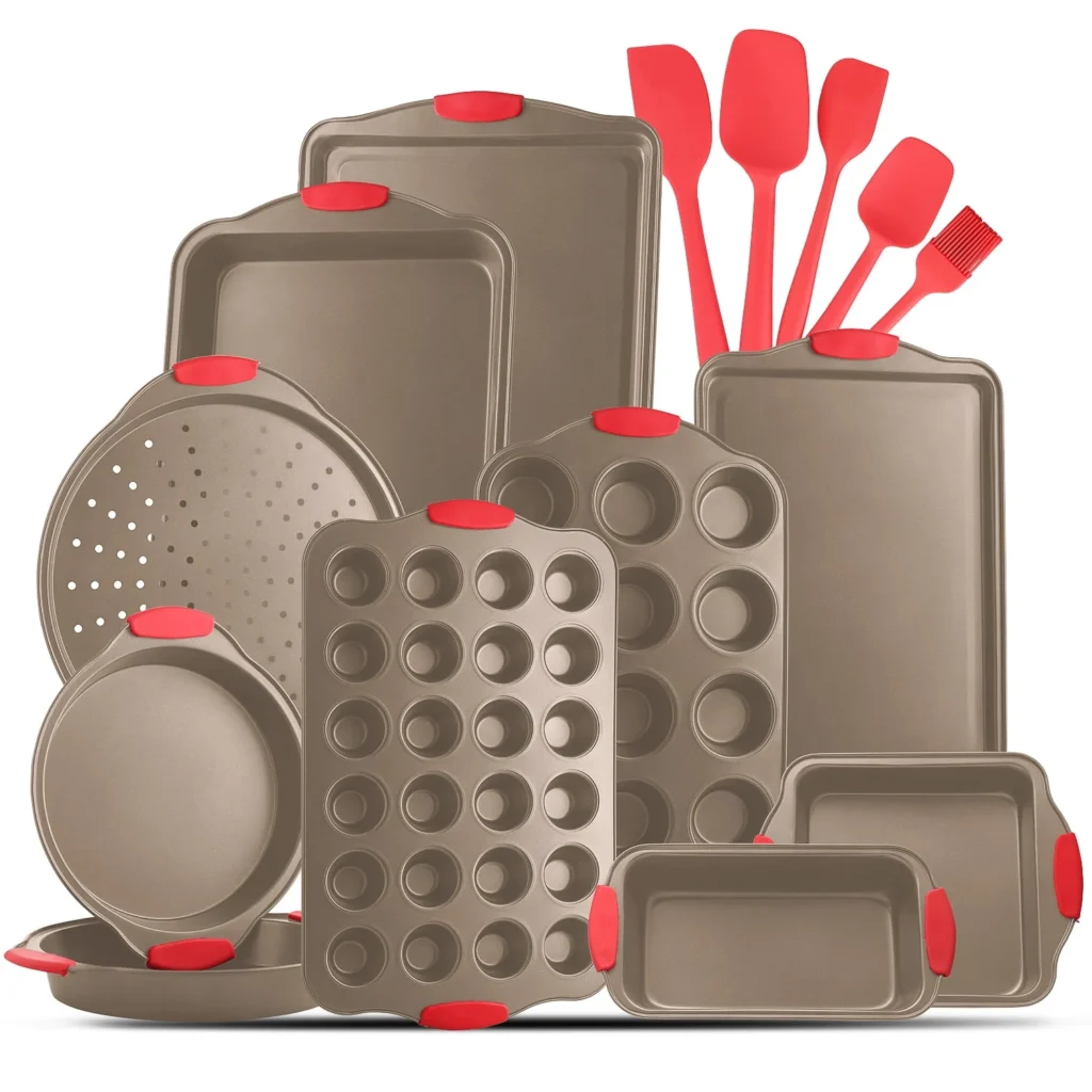 Nonstick Bakeware Set 15 PC Baking Pan Tray With Silicone Handles Utensils Oven Safe Carbon Steel Cookie Sheets Dish Pans Black