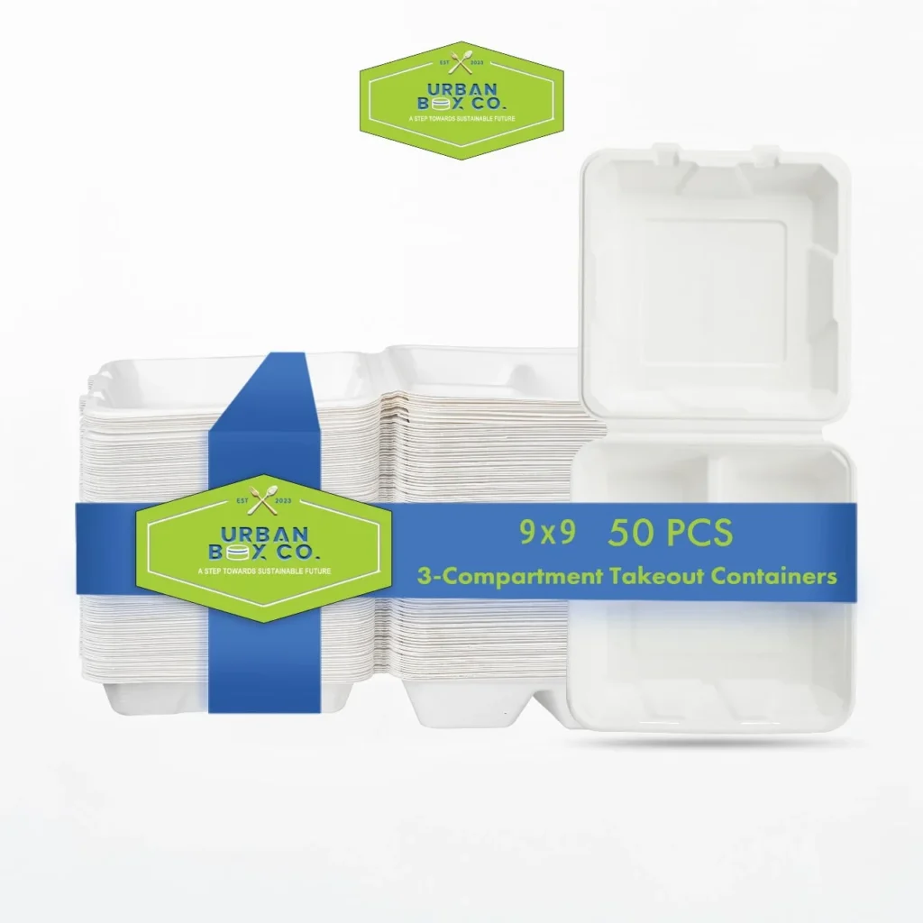 OasisSN Compostable 3-Compartment To-Go Boxes – Sugarcane, 50-Pack β close-up detail of design and finish
