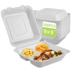 OasisSN Compostable 3 Compartment Clamshell Take Out Food Containers 9×9 50 Pack Biodegradable Sugarcane To Go Boxes Heavy Duty Paper Container Micro