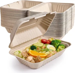 OasisSN Compostable 3 Compartment Clamshell Take Out Food Containers 9×9 50 Pack Biodegradable Sugarcane To Go Boxes Heavy Duty Paper Container Micro