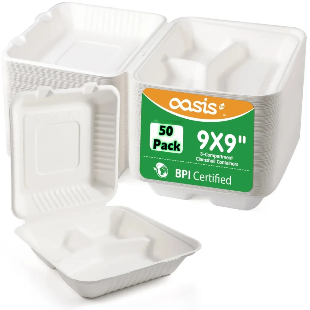 OasisSN Compostable 3 Compartment Clamshell Take Out Food Containers 9×9 50 Pack Biodegradable Sugarcane To Go Boxes Heavy Duty Paper Container Micro