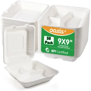 OasisSN Compostable 3 Compartment Clamshell Take Out Food Containers 9×9 50 Pack Biodegradable Sugarcane To Go Boxes Heavy Duty Paper Container Micro