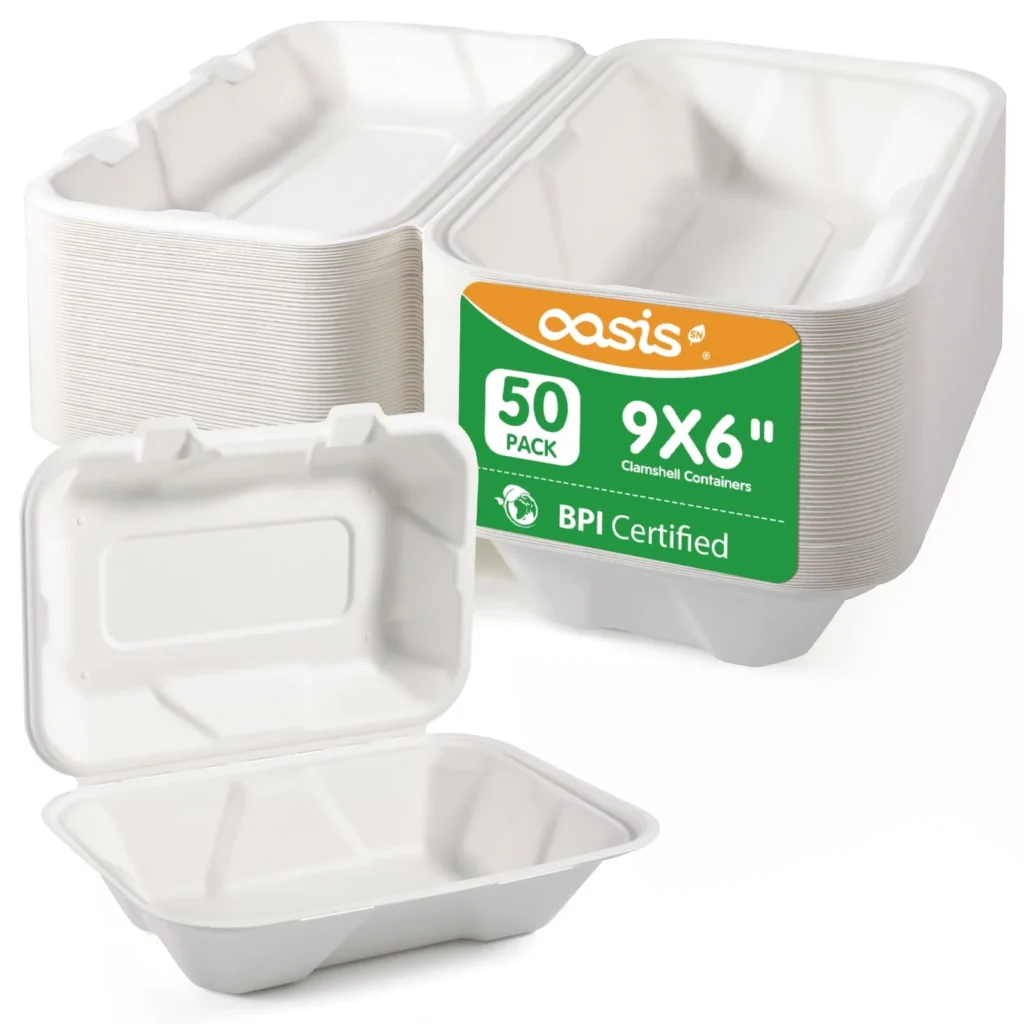 OasisSN Compostable 3-Compartment To-Go Boxes – Sugarcane, 50-Pack β alternate angle showing full product