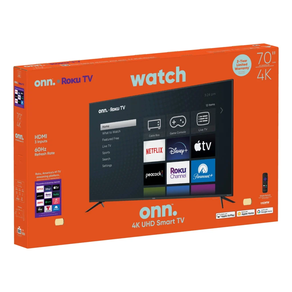 onn 70″ 4K UHD LED Roku Smart TV – Brilliant HDR Value β alternate angle showing full product