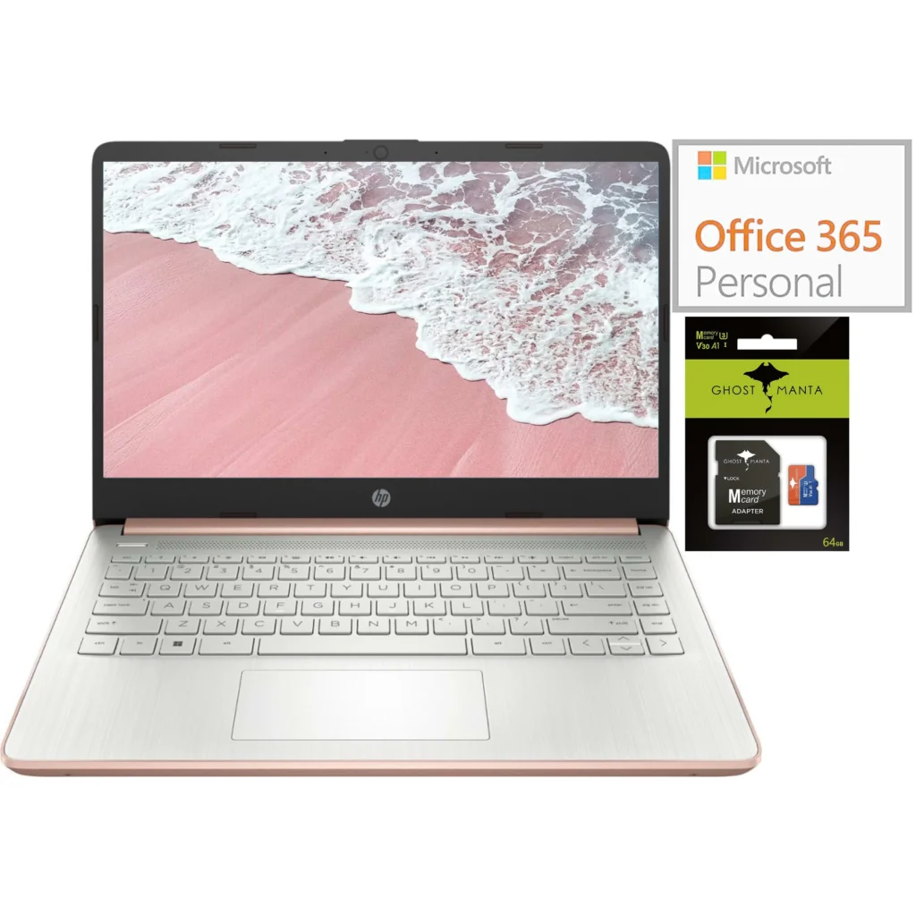 HP 14 inch HD Laptop N150 – Windows, 128GB UFS, Tranquil Pink — close-up detail of design and finish