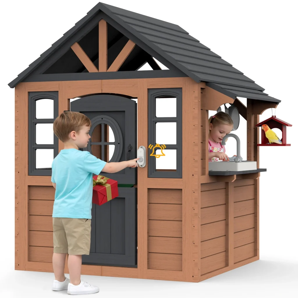 Classic Wood Outdoor Playhouse – Working Door & Windows for Kids 4-8 — close-up detail of design and finish