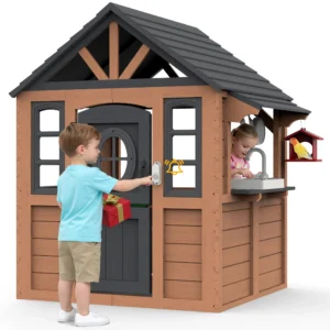 Outdoor Playhouse Wooden Playhouses for Kids Ages 4 8 with Working Door Windows Flowers Pot Holder 42 x 45 x 55