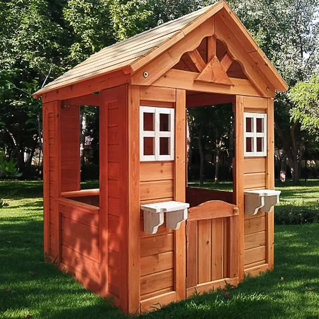 Outdoor Playhouse Wooden Playhouses for Kids Ages 4 8 with Working Door Windows Flowers Pot Holder 42 x 45 x 55