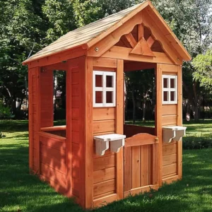 Outdoor Playhouse Wooden Playhouses for Kids Ages 4 8 with Working Door Windows Flowers Pot Holder 42 x 45 x 55