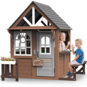 Outdoor Playhouse Wooden Playhouses for Kids Ages 4 8 with Working Door Windows Flowers Pot Holder 42 x 45 x 55