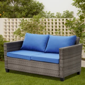 Ovios 5 Pieces High Back Outdoor Patio Furniture Wicker Sectional Conversation Sofa Rocking Swivel Chairs Solar Lamps Coffee Table Backyard